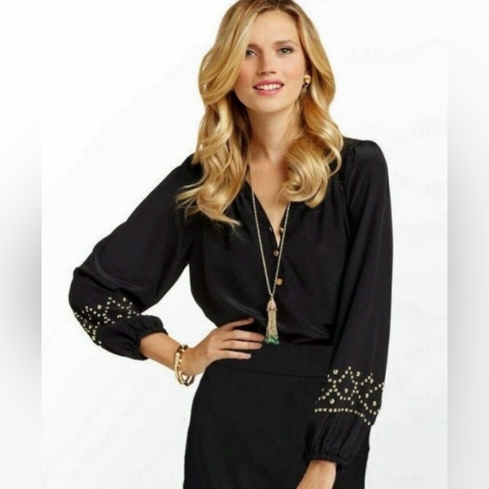 Lilly Pulitzer Elsa‎ Black Silk Gold Stud Embellished Long-Sleeve Blouse Size XS